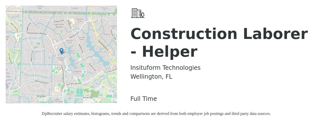 Insituform Technologies job posting for a Construction Laborer - Helper in Wellington, FL with a salary of $17 to $20 Hourly with a map of Wellington location.