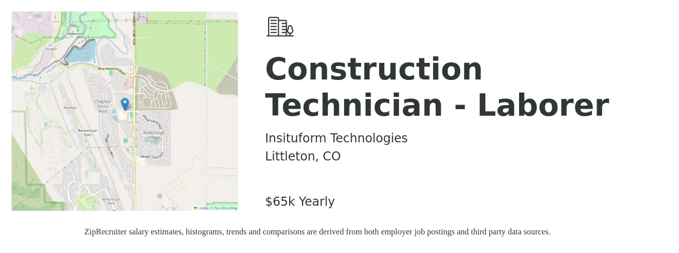 Insituform Technologies job posting for a Construction Technician - Laborer in Littleton, CO with a salary of $65,000 Yearly with a map of Littleton location.