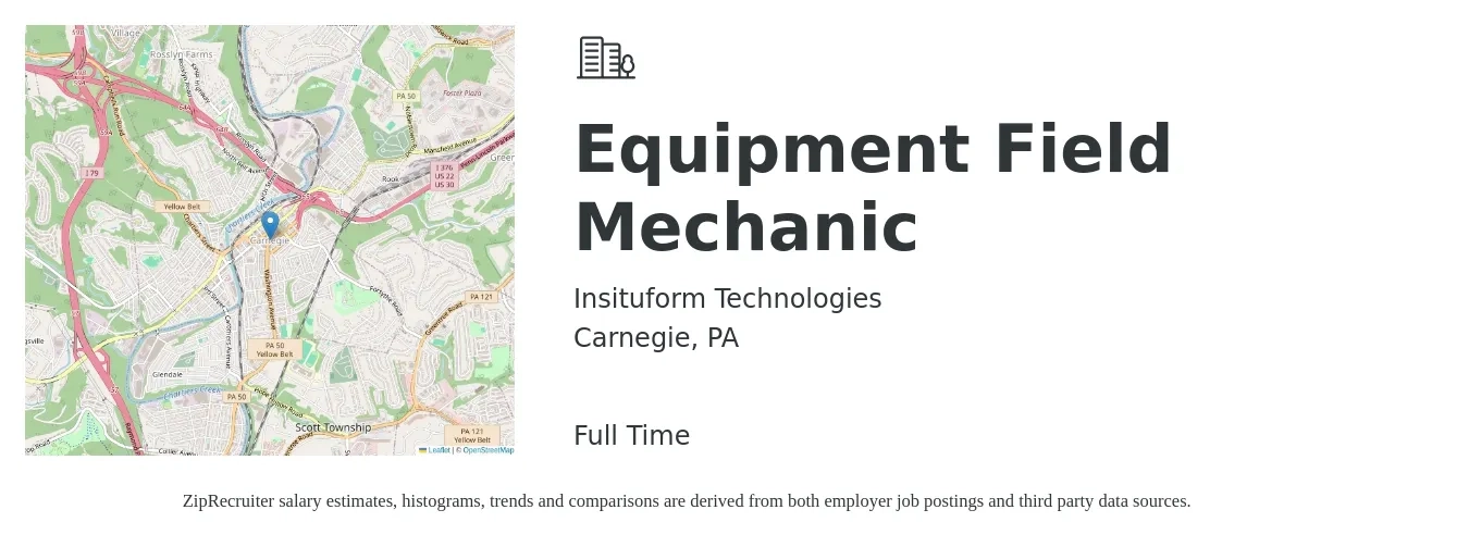 Insituform Technologies job posting for a Equipment Field Mechanic in Carnegie, PA with a salary of $20 Hourly with a map of Carnegie location.