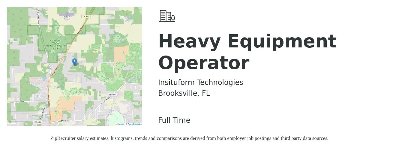 Insituform Technologies job posting for a Heavy Equipment Operator in Brooksville, FL with a salary of $21 to $28 Hourly with a map of Brooksville location.