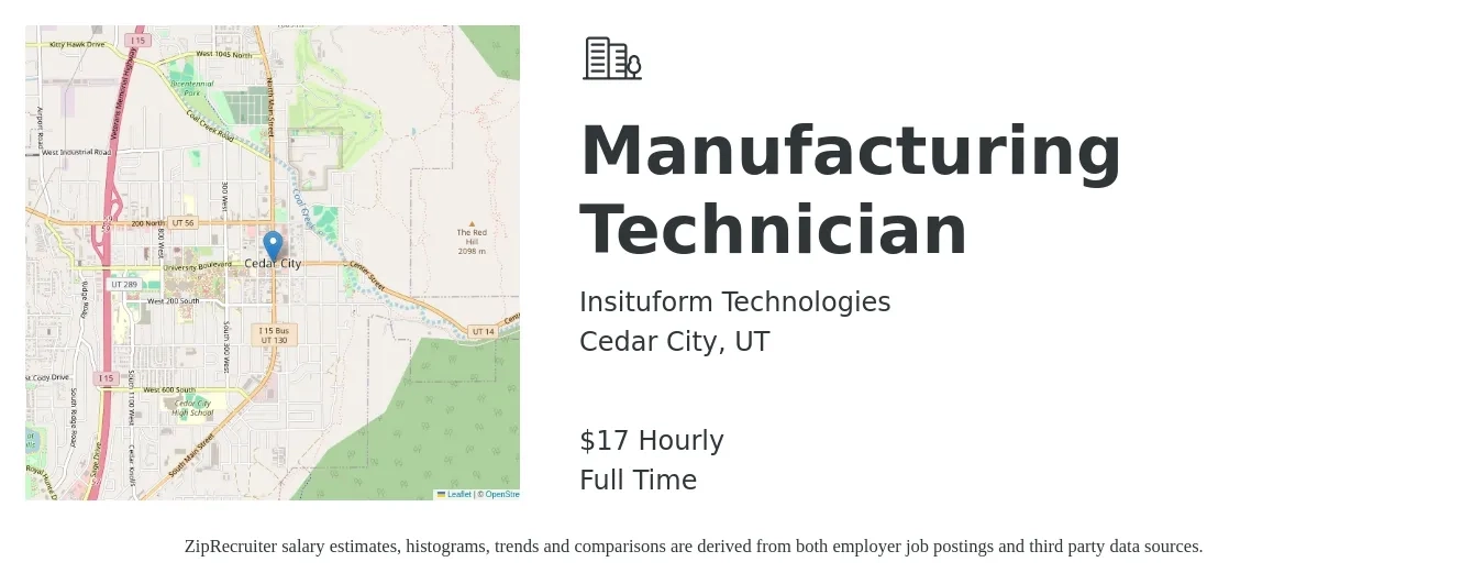 Insituform Technologies job posting for a Manufacturing Technician in Cedar City, UT with a salary of $18 Hourly with a map of Cedar City location.