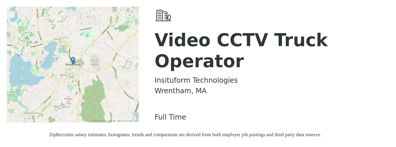 Insituform Technologies job posting for a Video CCTV Truck Operator in Wrentham, MA with a salary of $22 to $28 Hourly with a map of Wrentham location.