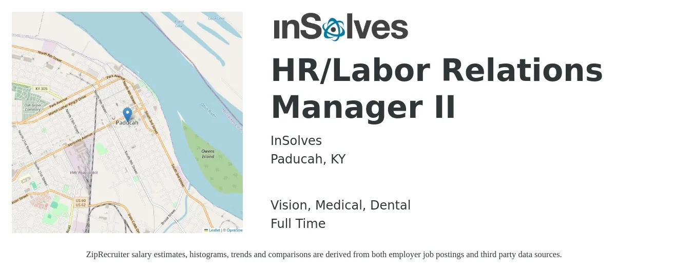 InSolves job posting for a HR/Labor Relations Manager II in Paducah, KY with a salary of $88,300 to $124,600 Yearly and benefits including pto, retirement, vision, dental, life_insurance, and medical with a map of Paducah location.