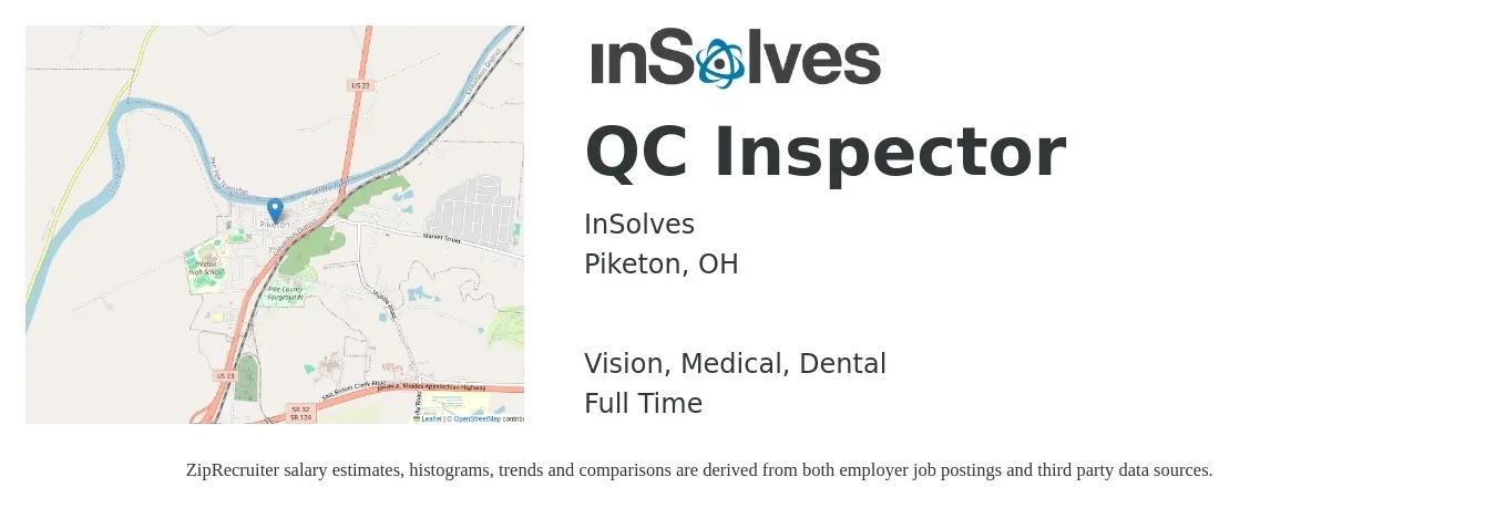 InSolves job posting for a QC Inspector in Piketon, OH with a salary of $14 to $20 Hourly and benefits including vision, dental, life_insurance, medical, pto, and retirement with a map of Piketon location.