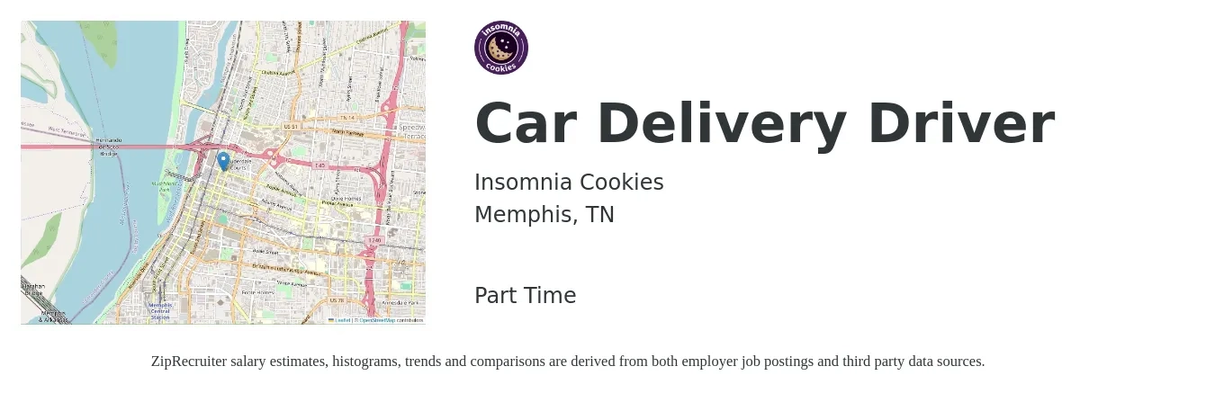 Insomnia Cookies job posting for a Car Delivery Driver in Memphis, TN with a salary of $16 to $20 Hourly with a map of Memphis location.