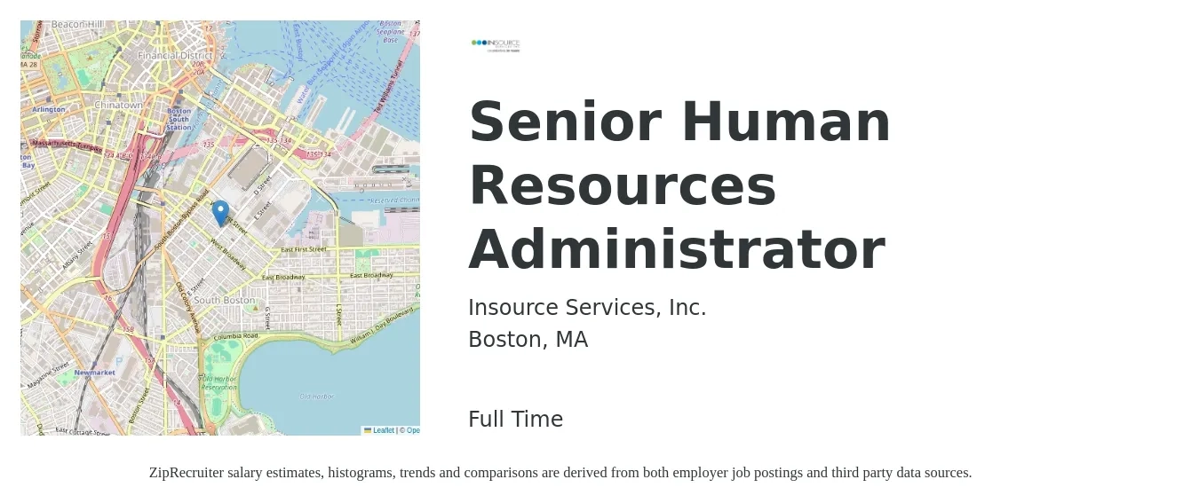 Insource Services, Inc. job posting for a Senior Human Resources Administrator in Boston, MA with a salary of $24 to $34 Hourly with a map of Boston location.