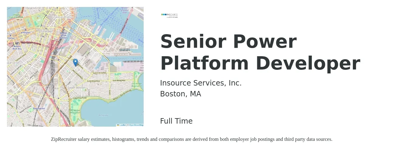 Insource Services, Inc. job posting for a Senior Power Platform Developer in Boston, MA with a salary of $59 to $78 Hourly with a map of Boston location.
