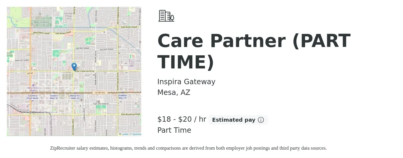 Inspira Gateway job posting for a Care Partner (PART TIME) in Mesa, AZ with a salary of $19 to $21 Hourly with a map of Mesa location.