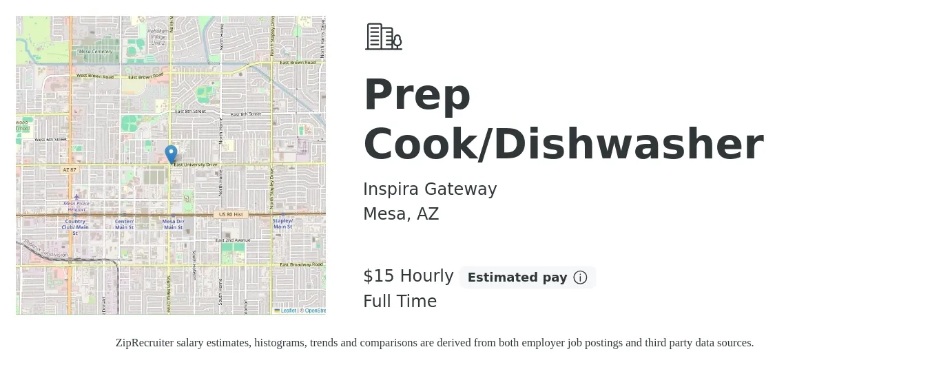 Inspira Gateway job posting for a Prep Cook/Dishwasher in Mesa, AZ with a salary of $16 Hourly with a map of Mesa location.