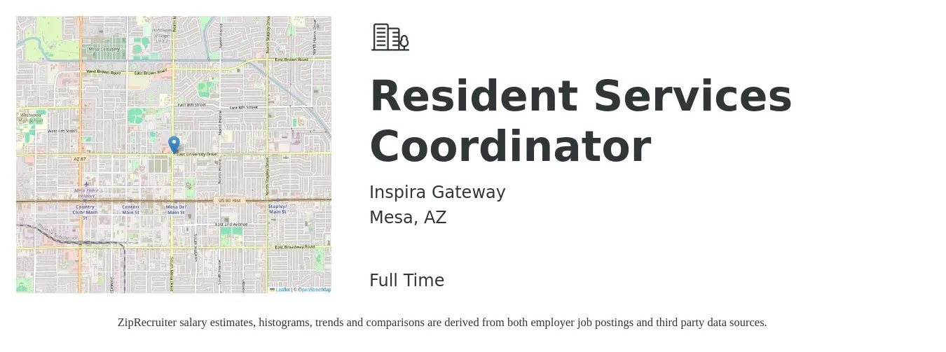Inspira Gateway job posting for a Resident Services Coordinator in Mesa, AZ with a salary of $24 Hourly with a map of Mesa location.