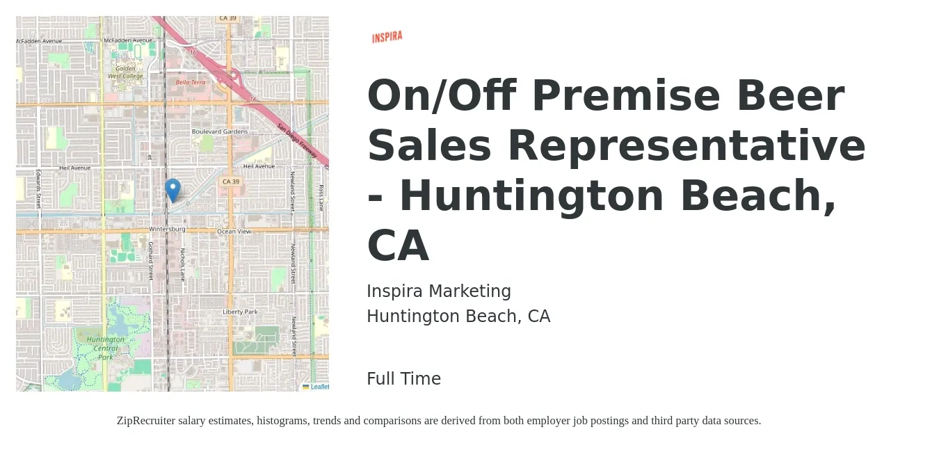 Inspira Marketing job posting for a On/Off Premise Beer Sales Representative - Huntington Beach, CA in Huntington Beach, CA with a salary of $45,000 to $70,000 Yearly with a map of Huntington Beach location.