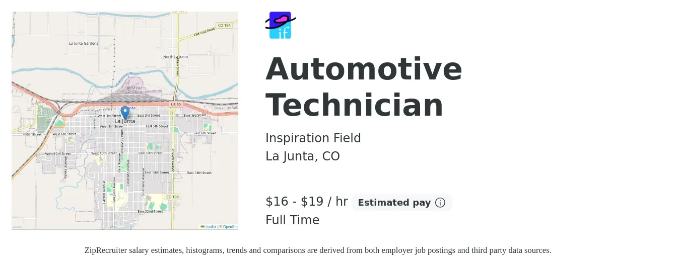 Inspiration Field job posting for a Automotive Technician in La Junta, CO with a salary of $17 to $20 Hourly with a map of La Junta location.