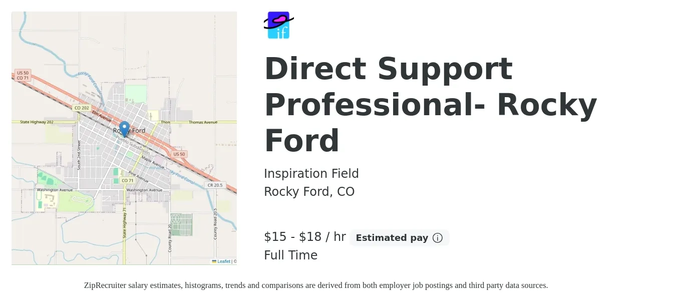 Inspiration Field job posting for a Direct Support Professional- Rocky Ford in Rocky Ford, CO with a salary of $16 to $19 Hourly with a map of Rocky Ford location.