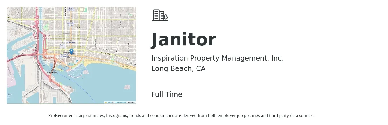 Inspiration Property Management, Inc. job posting for a Janitor in Long Beach, CA with a salary of $15 to $19 Hourly with a map of Long Beach location.
