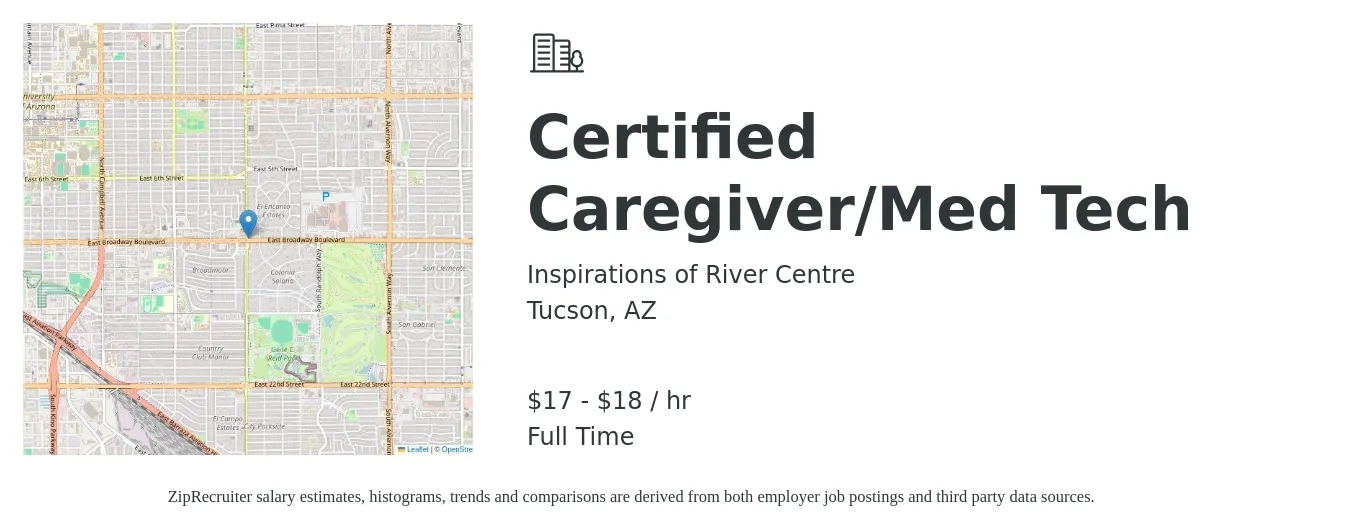 Inspirations of River Centre job posting for a Certified Caregiver/Med Tech in Tucson, AZ with a salary of $18 to $19 Hourly with a map of Tucson location.