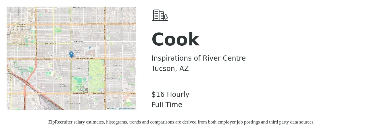 Inspirations of River Centre job posting for a Cook in Tucson, AZ with a salary of $17 Hourly with a map of Tucson location.