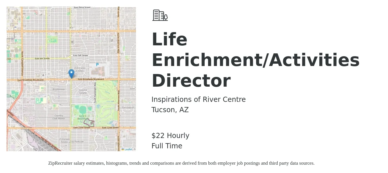 Inspirations of River Centre job posting for a Life Enrichment/Activities Director in Tucson, AZ with a salary of $23 Hourly with a map of Tucson location.