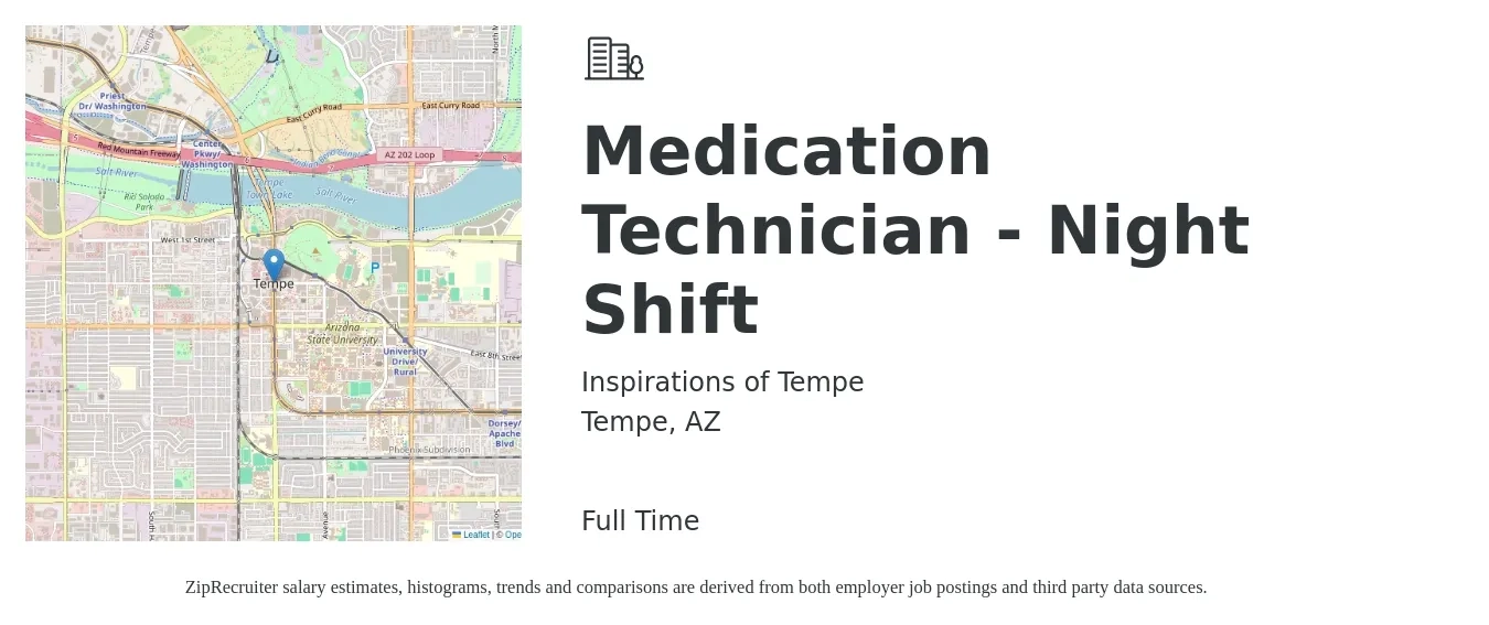 Inspirations of Tempe job posting for a Medication Technician - Night Shift in Tempe, AZ with a salary of $16 to $19 Hourly with a map of Tempe location.