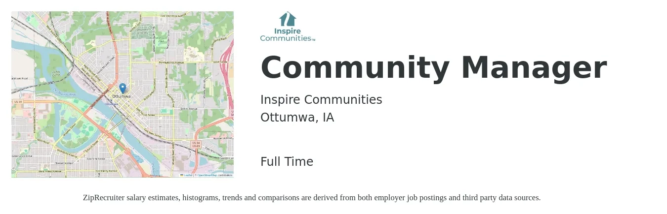 Inspire Communities job posting for a Community Manager in Ottumwa, IA with a salary of $44,200 to $63,100 Yearly with a map of Ottumwa location.