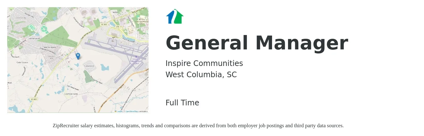 Inspire Communities job posting for a General Manager in West Columbia, SC with a salary of $45,900 to $68,600 Yearly with a map of West Columbia location.