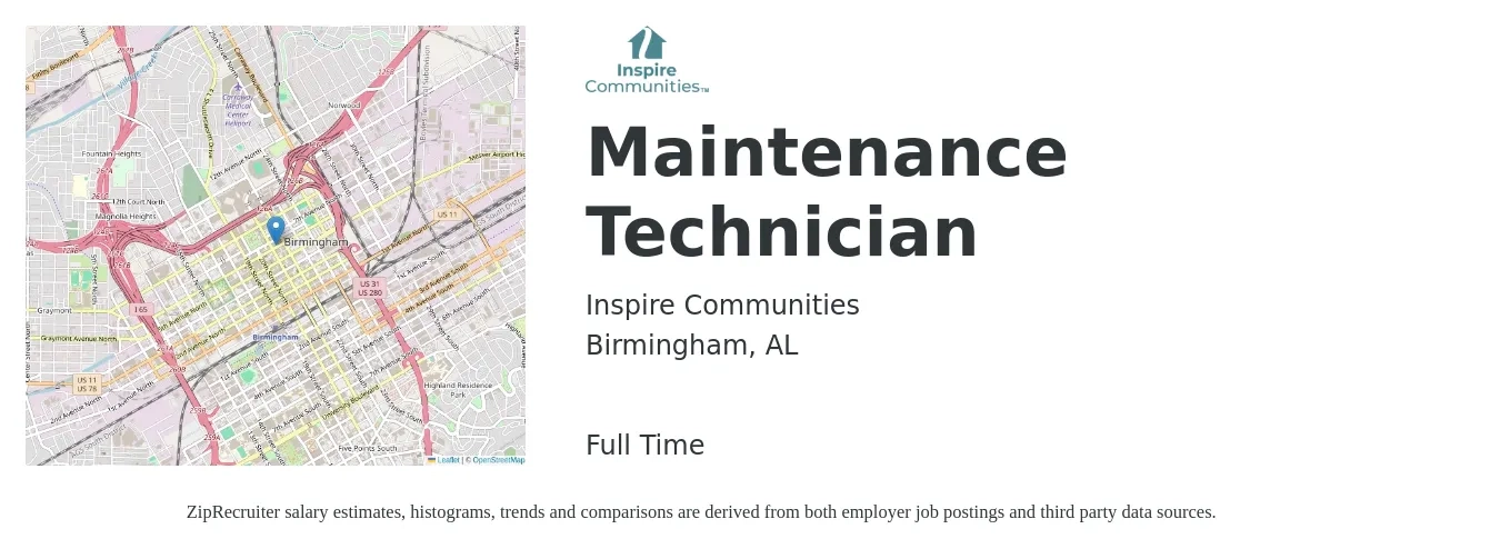 Inspire Communities job posting for a Maintenance Technician in Birmingham, AL with a salary of $18 to $25 Hourly with a map of Birmingham location.