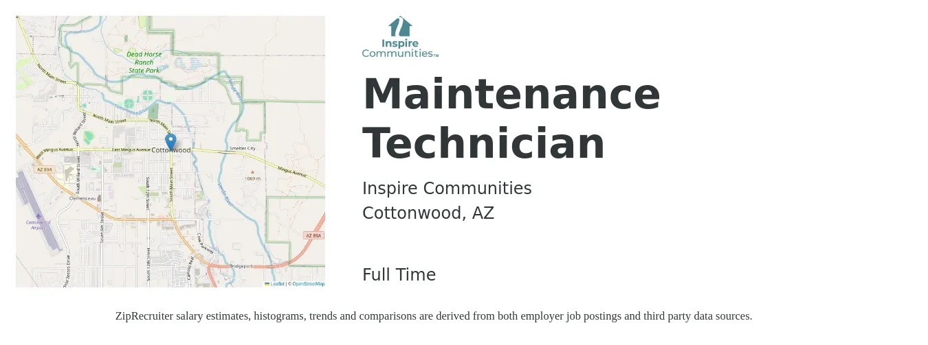 Inspire Communities job posting for a Maintenance Technician in Cottonwood, AZ with a salary of $18 to $25 Hourly with a map of Cottonwood location.