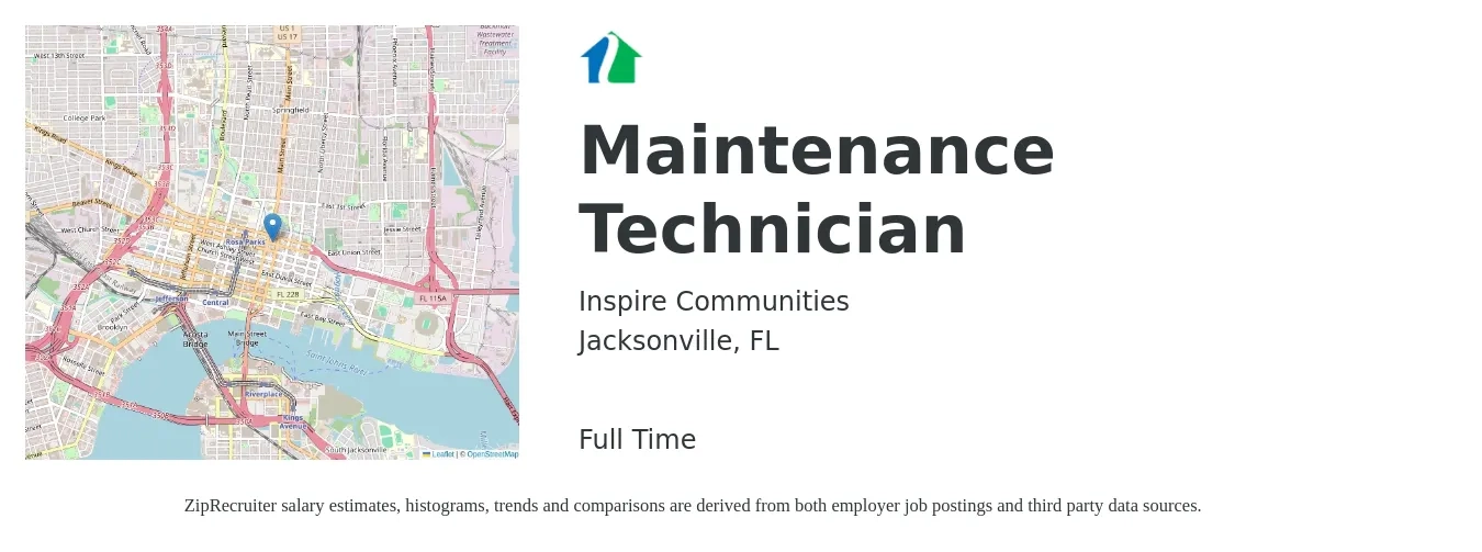 Inspire Communities job posting for a Maintenance Technician in Jacksonville, FL with a salary of $18 to $25 Hourly with a map of Jacksonville location.