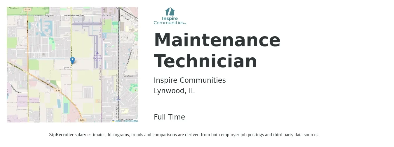 Inspire Communities job posting for a Maintenance Technician in Lynwood, IL with a salary of $18 to $26 Hourly with a map of Lynwood location.