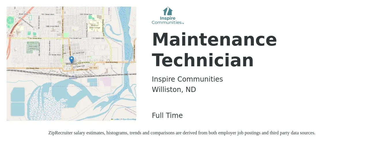 Inspire Communities job posting for a Maintenance Technician in Williston, ND with a salary of $19 to $26 Hourly with a map of Williston location.
