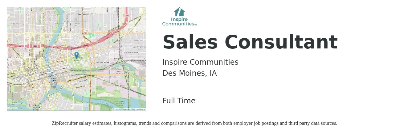 Inspire Communities job posting for a Sales Consultant in Des Moines, IA with a salary of $39,500 to $77,600 Yearly with a map of Des Moines location.