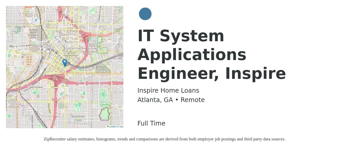 Inspire Home Loans job posting for a IT System Applications Engineer, Inspire in Atlanta, GA with a salary of $82,400 to $132,400 Yearly with a map of Atlanta location.