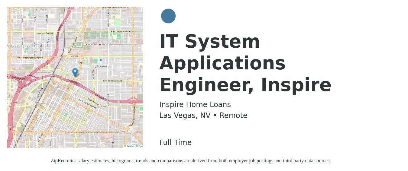Inspire Home Loans job posting for a IT System Applications Engineer, Inspire in Las Vegas, NV with a salary of $80,200 to $128,900 Yearly with a map of Las Vegas location.