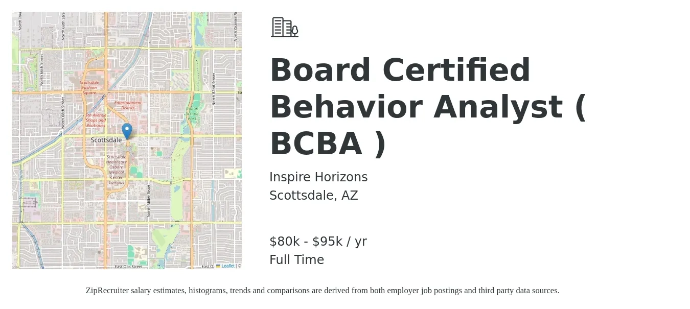 Inspire Horizons job posting for a Board Certified Behavior Analyst ( BCBA ) in Scottsdale, AZ with a salary of $80,000 to $95,000 Yearly with a map of Scottsdale location.
