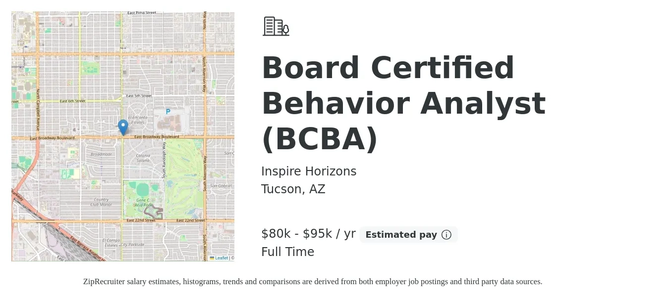Inspire Horizons job posting for a Board Certified Behavior Analyst (BCBA) in Tucson, AZ with a salary of $80,000 to $95,000 Yearly with a map of Tucson location.