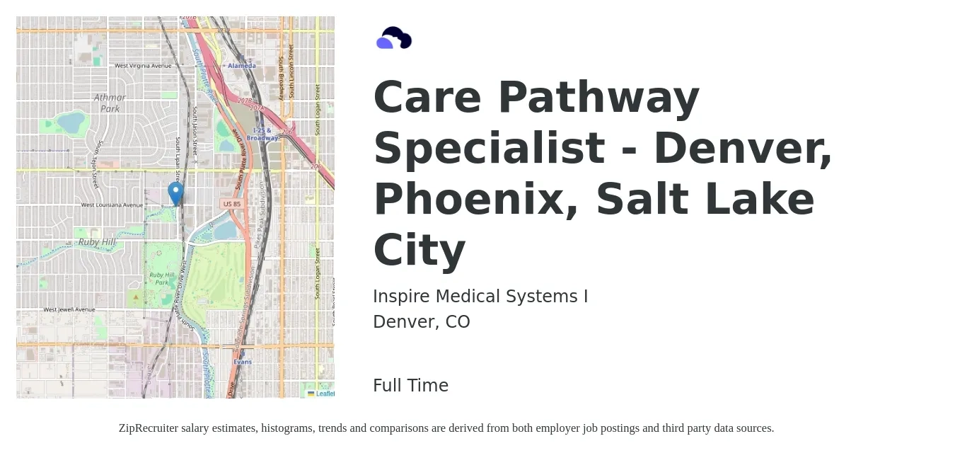 Inspire Medical Systems I job posting for a Care Pathway Specialist - Denver, Phoenix, Salt Lake City in Denver, CO with a salary of $20 to $31 Hourly with a map of Denver location.
