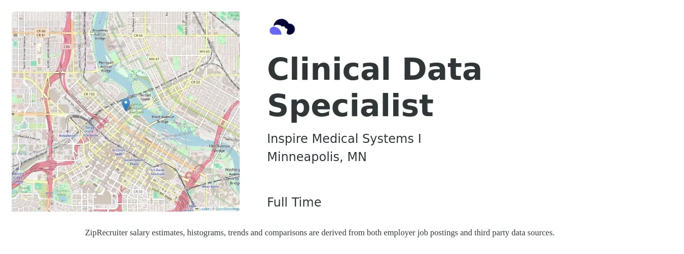 Inspire Medical Systems I job posting for a Clinical Data Specialist in Minneapolis, MN with a salary of $55,300 to $84,600 Yearly with a map of Minneapolis location.