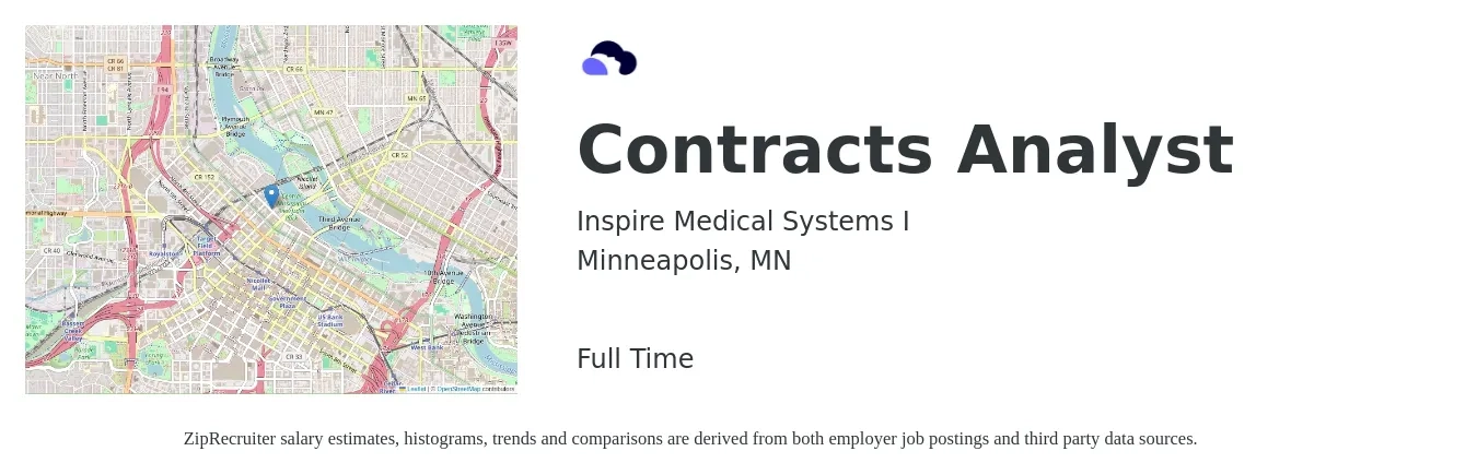 Inspire Medical Systems I job posting for a Contracts Analyst in Minneapolis, MN with a salary of $72,000 to $87,200 Yearly with a map of Minneapolis location.