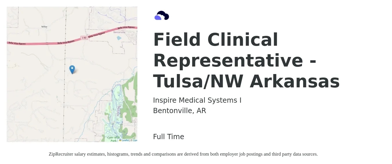 Inspire Medical Systems I job posting for a Field Clinical Representative - Tulsa/NW Arkansas in Bentonville, AR with a salary of $14 to $27 Hourly with a map of Bentonville location.