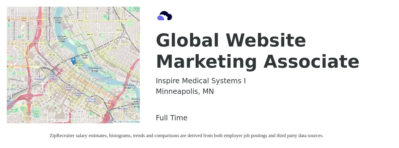 Inspire Medical Systems I job posting for a Global Website Marketing Associate in Minneapolis, MN with a salary of $43,800 to $60,500 Yearly with a map of Minneapolis location.