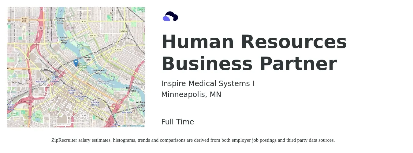 Inspire Medical Systems I job posting for a Human Resources Business Partner in Minneapolis, MN with a salary of $75,200 to $107,000 Yearly with a map of Minneapolis location.