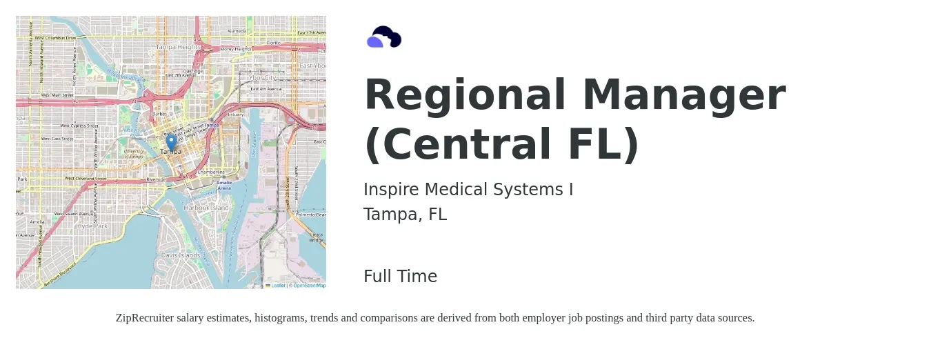 Inspire Medical Systems I job posting for a Regional Manager (Central FL) in Tampa, FL with a salary of $54,800 to $97,800 Yearly with a map of Tampa location.