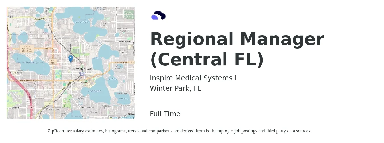 Inspire Medical Systems I job posting for a Regional Manager (Central FL) in Winter Park, FL with a salary of $54,500 to $97,200 Yearly with a map of Winter Park location.