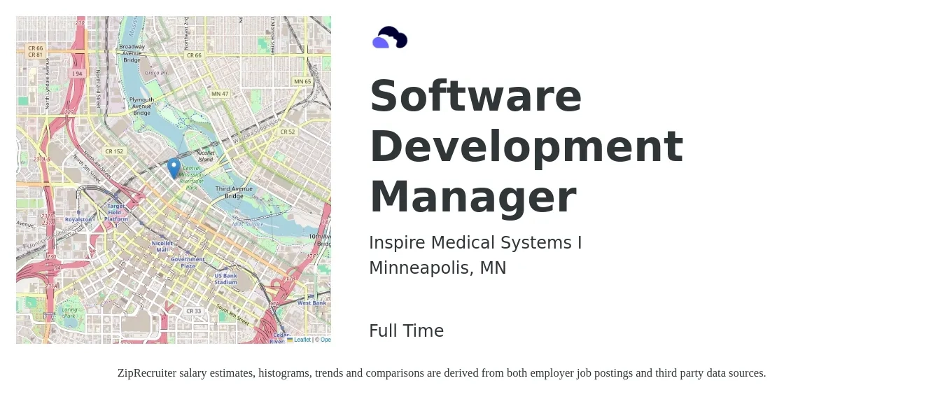 Inspire Medical Systems I job posting for a Software Development Manager in Minneapolis, MN with a salary of $128,900 to $170,200 Yearly with a map of Minneapolis location.