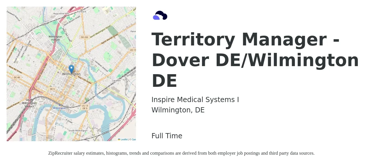 Inspire Medical Systems I job posting for a Territory Manager - Dover DE/Wilmington DE in Wilmington, DE with a salary of $72,800 to $108,200 Yearly with a map of Wilmington location.