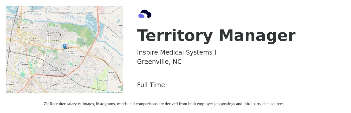 Inspire Medical Systems I job posting for a Territory Manager in Greenville, NC with a salary of $71,900 to $106,800 Yearly with a map of Greenville location.