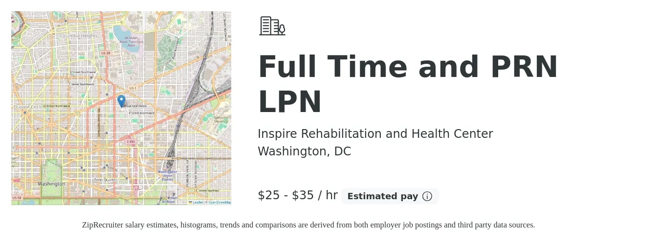 Inspire Rehabilitation and Health Center job posting for a Full Time and PRN LPN in Washington, DC with a salary of $27 to $37 Hourly with a map of Washington location.