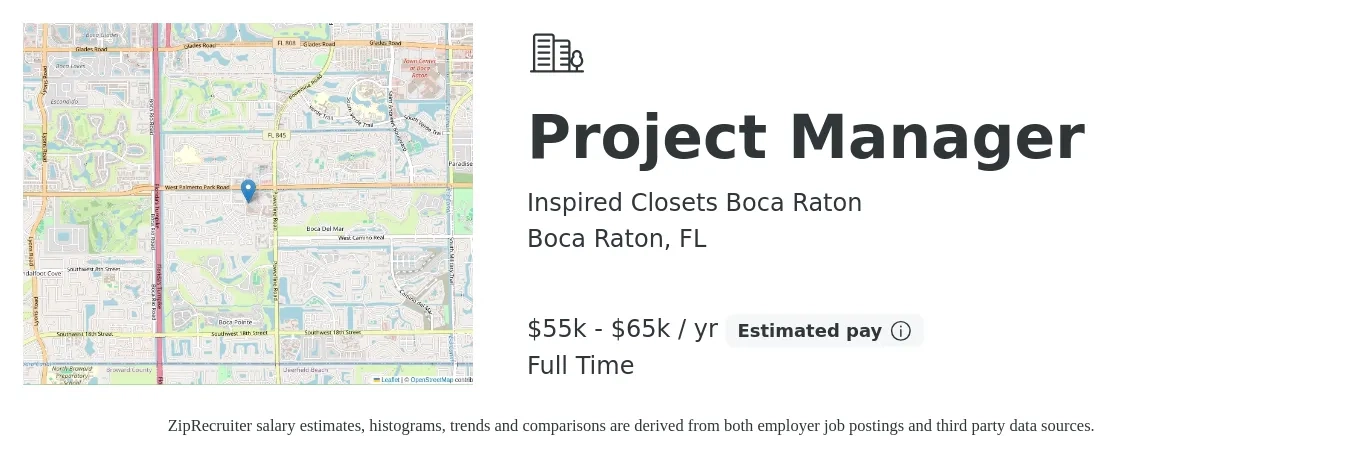 Inspired Closets Boca Raton job posting for a Project Manager in Boca Raton, FL with a salary of $55,000 to $65,000 Yearly with a map of Boca Raton location.