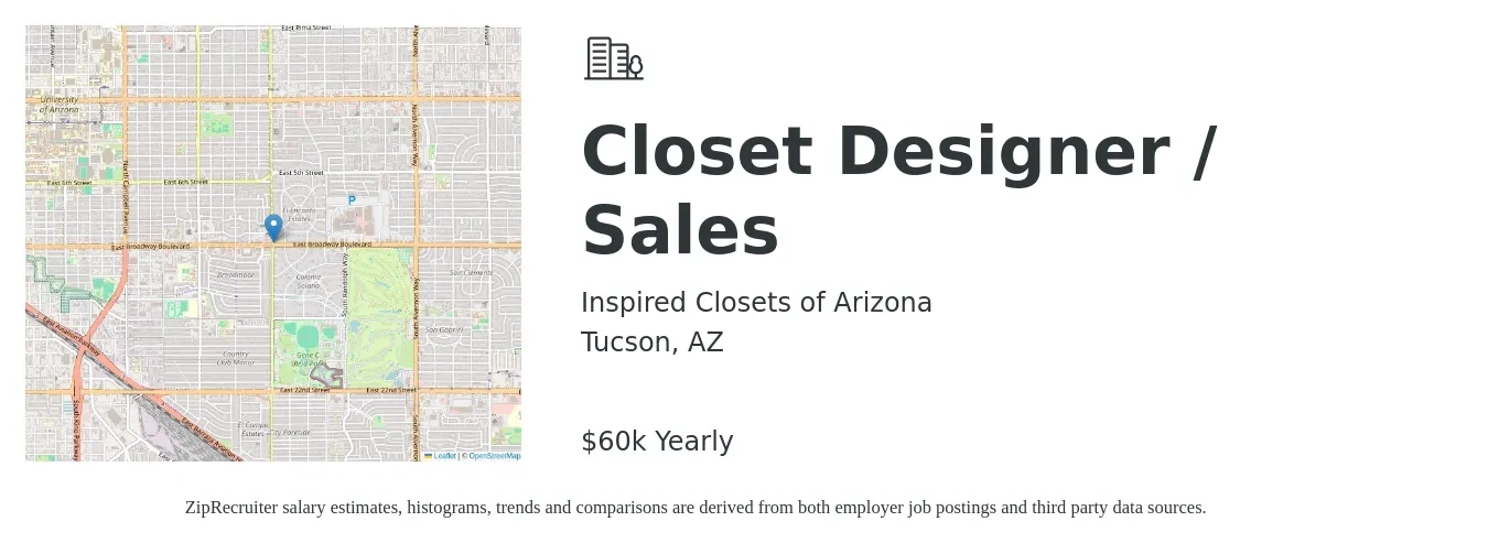 Inspired Closets of Arizona job posting for a Closet Designer / Sales in Tucson, AZ with a salary of $60,000 Yearly with a map of Tucson location.