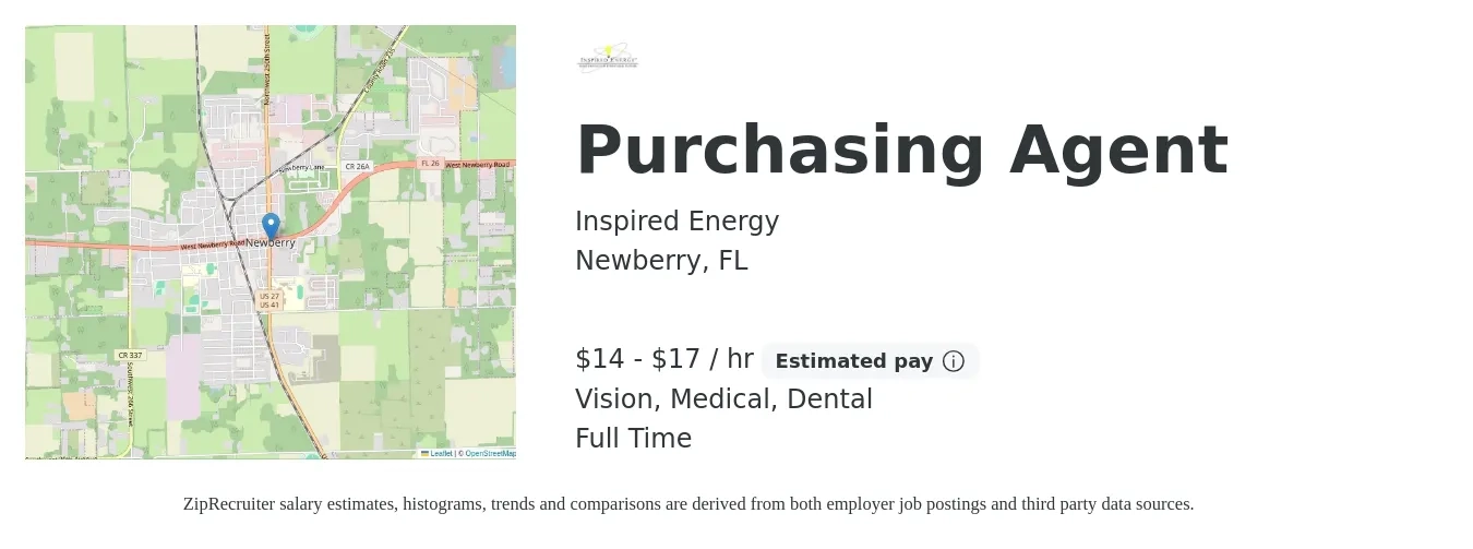 Inspired Energy job posting for a Purchasing Agent in Newberry, FL with a salary of $15 to $18 Hourly and benefits including medical, pto, vision, dental, and life_insurance with a map of Newberry location.