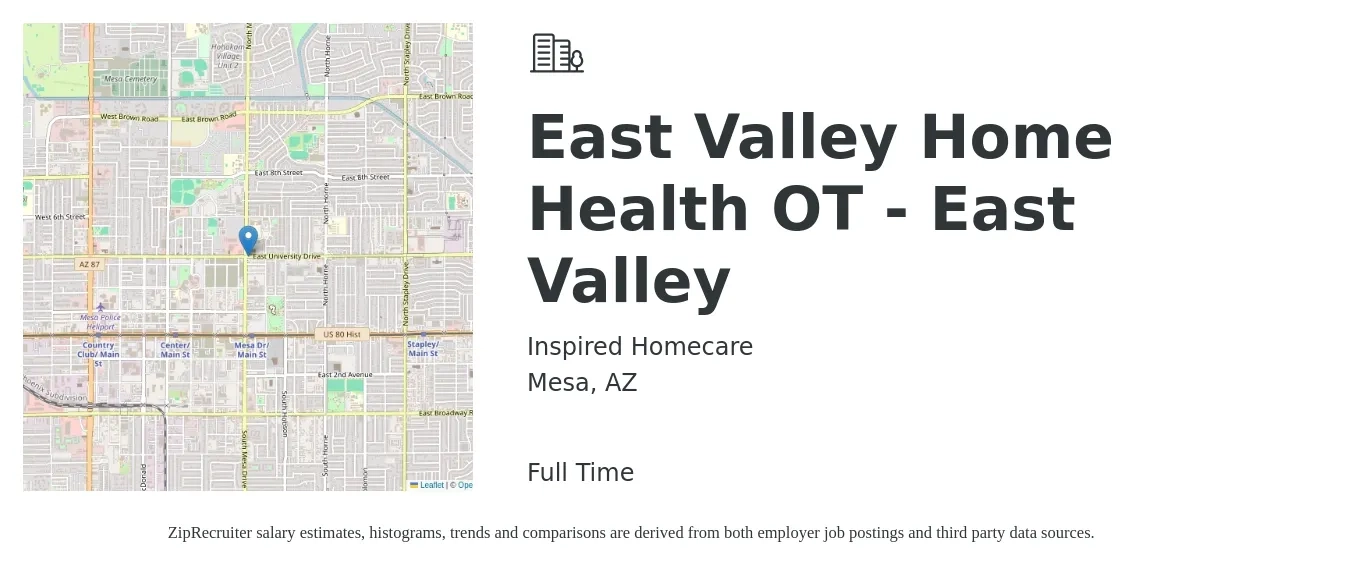 Inspired Homecare job posting for a East Valley Home Health OT - East Valley in Mesa, AZ with a salary of $42 to $53 Hourly with a map of Mesa location.